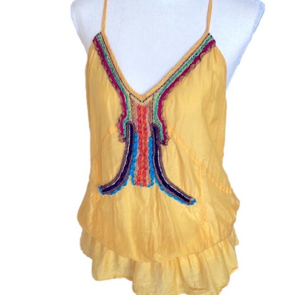 LeShop Butter Yellow Silk Blend Racer Back Cami Tank Top Boho Embroidered Size L - Picture 12 of 12